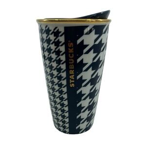Starbucks Ceramic 12 oz Tumbler 2015 Navy Blue Houndstooth Dot Collection